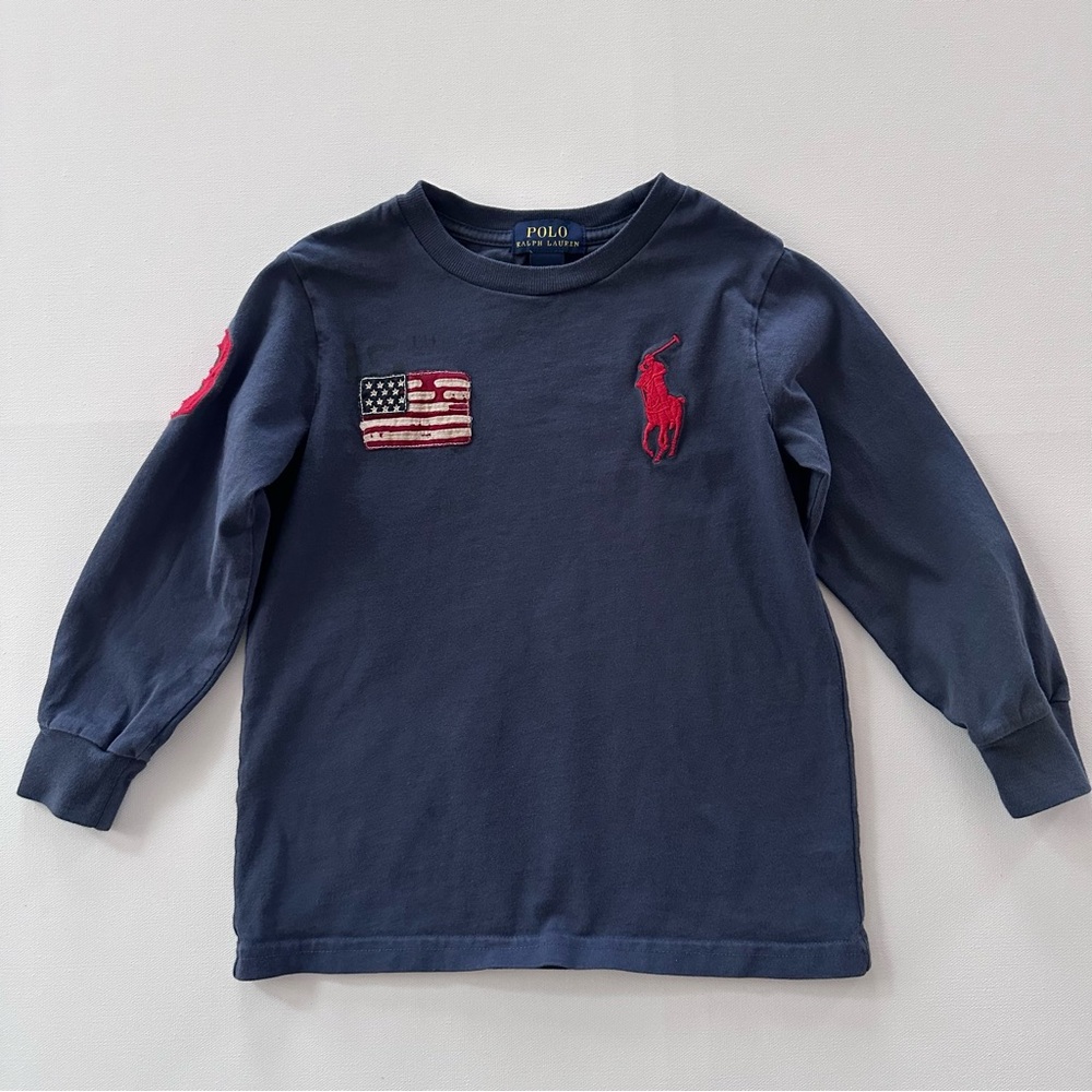 Polo Ralph Lauren Boys 4 Navy Long Sleeve Tee American Flag Patch Pony